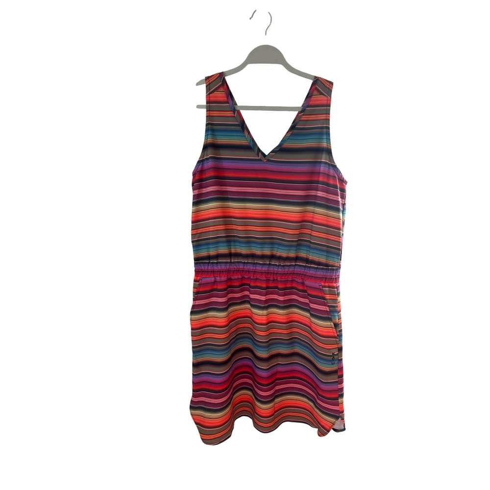 KAVU True Outdoor Wear Womens Multi Stripe V-Neck Sleeveless Pocket Dress Large